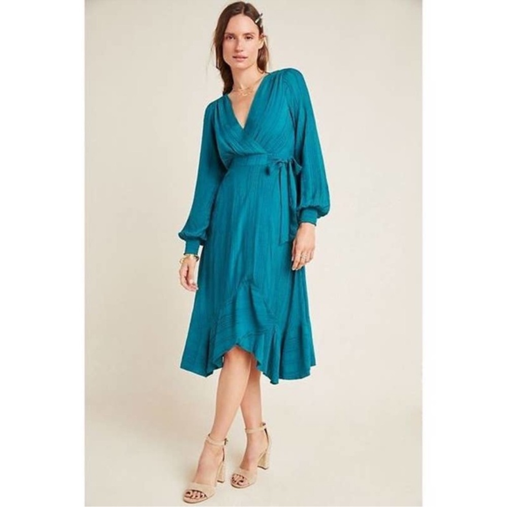 Anthropologie Boswell Textured Long Sleeve Wrap Midi Dress